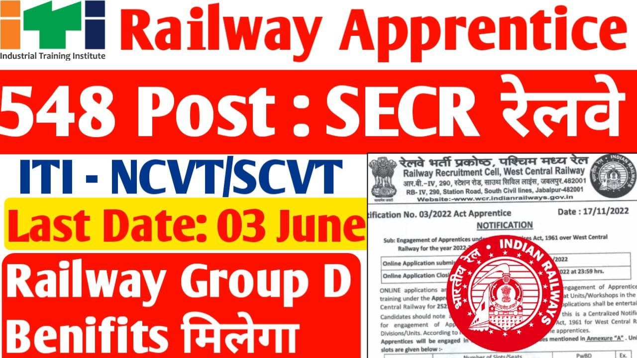 Secr Bilaspur Railway Apprenticeship Recruitment 2023 Railway New Apprentice 2023 Iti Pass 